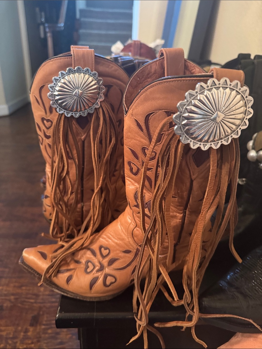Dan Post Tan Leather Fringe Heeled Cowboy Boots - Picture 2 of 5